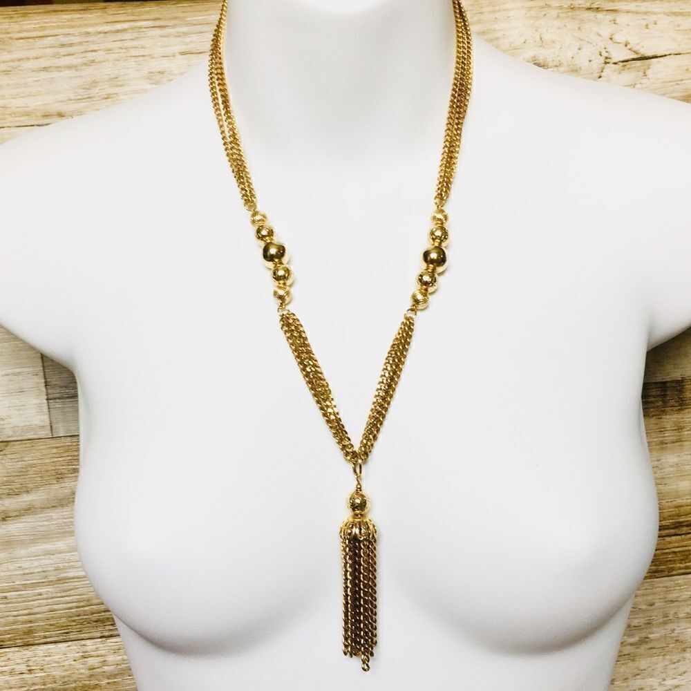 Vintage Multi Strand Gold Tassel Necklace 1009
